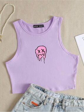 SHEIN Lavender Crop Tank with Pink Drip Skull